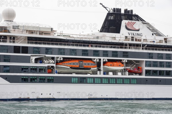 Detroit, Michigan - Orange life boats on the Viking Octantis luxury cruise ship. The ship visited