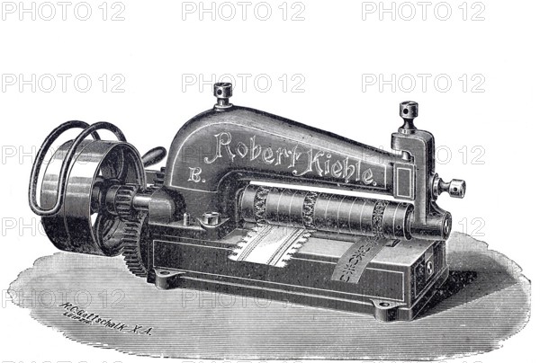 Leather processing, leather pinking machine by Robert Kiehle, around 1880, digitally improved