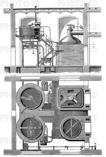 Brewery, brewing process, brewing plant of the Maschinenfabrik Germania, Chemnitz, around 1880,