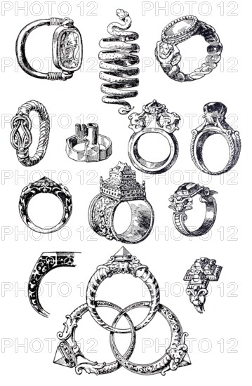Jewellery, development stages of the ring from the Egyptian signet ring, Greek snake ring to the