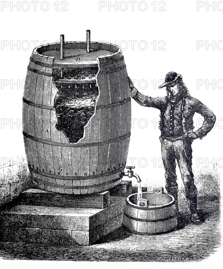 Grading barrel for rapid vinegar production, vinegar fermentation, around 1860, digitally improved