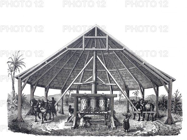 Sugar cane mill, around 1880, Cuba, digitally improved reproduction of a 19th century model,