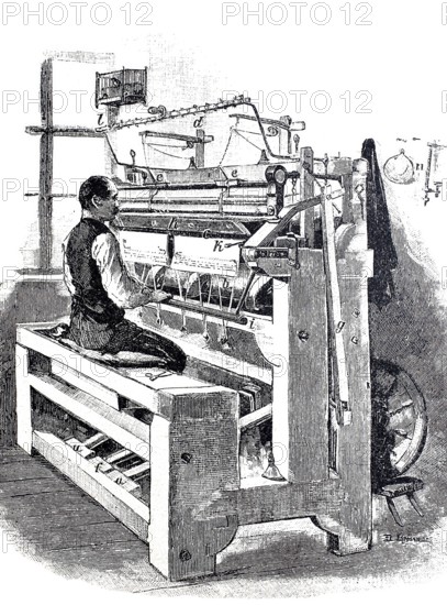 Glove-making workshop, worker at a glove-knitting loom, around 1870, digitally enhanced