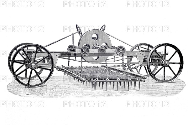 Agriculture, tillage, steam harrow by John Fowler, c. 1860, digitally enhanced reproduction of a