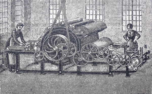 Textile processing, spinning mill, carding machine for the carded wool spinning mill, around 1860,