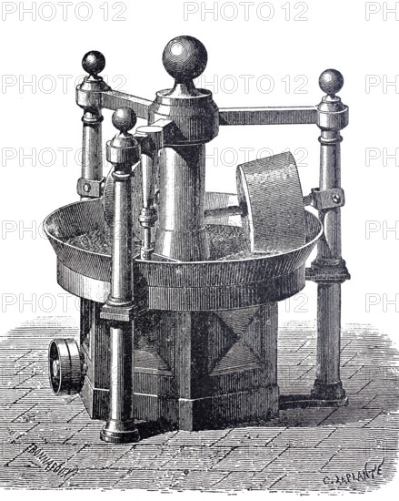 Production of chocolate, melangeur, a machine for mixing sugar and cocoa powder, around 1830,
