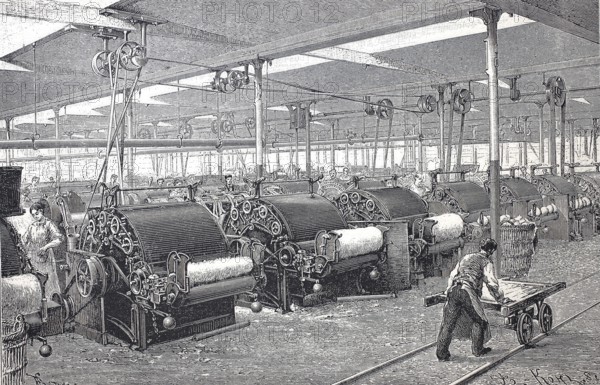 Textile industry, spinning mill, machines for carding cotton, carding machine, carding machine, ca
