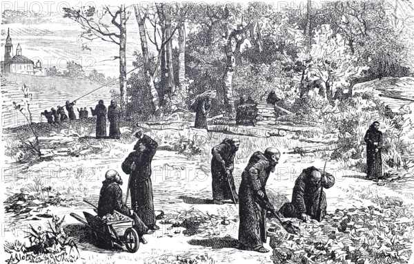 Silviculture, Monks clearing and ploughing up a wooded area, c. 1810, England, digitally enhanced