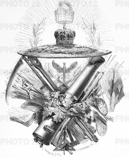 Symbolic picture of the history of Brandenburg and Prussia, royal crown, sign, cannon, scythe,