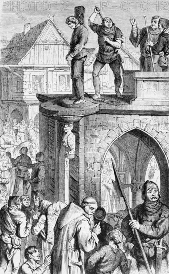 Exhibition on the pillory, kraaken, on the court house in Berlin 1380, punishment in the Middle