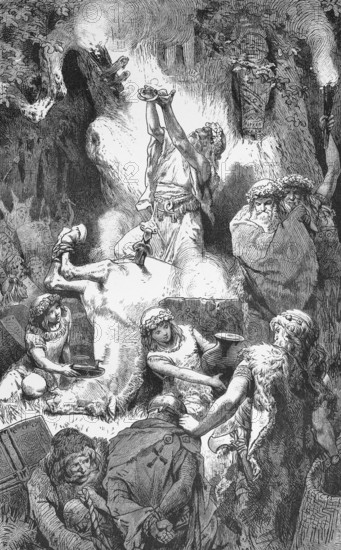Sacrifice of the Prussians in sacred groves, the sacred forest, fantasy depiction from antiquity,