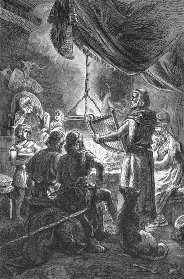 Singers of heroic songs at a meal, Nordic mythology, wall with antlers, shield and spear, eating,