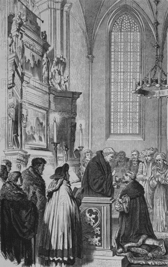 Joachim II (1505-1571) receives communion, in front of altar in church, on his knees, clergyman