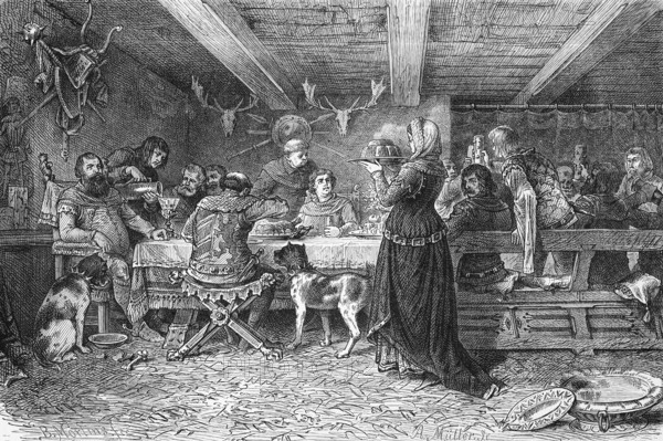 The Bavarians in the Mark, eating in the hall, table set with many people, noblemen at the end of
