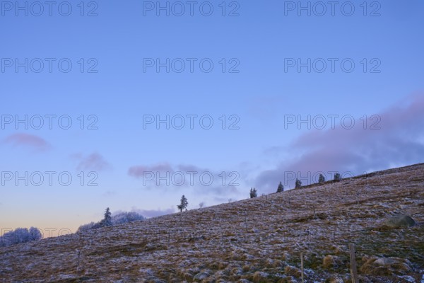 Hill scene with clear evening sky, calm and minimalistic, winter, Route de Cretes, Hohneck, La