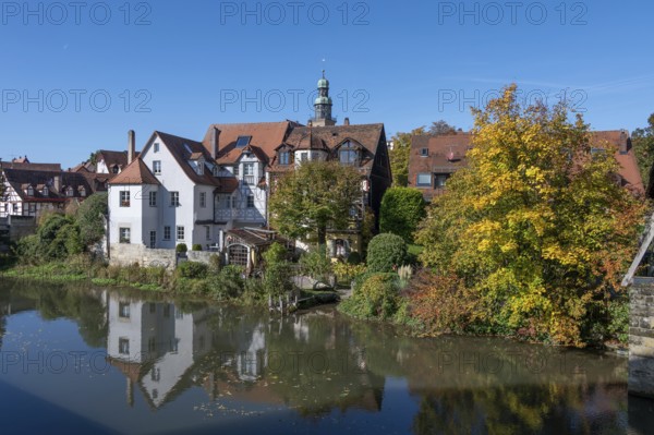 View of Pegnitz with old town houses, back tower of St. John's Church, Lauf an der Pegnitz, Middle