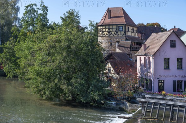 The Jewish Tower, former part of the city wall 1430, on the right the Schleifmühle mentioned in