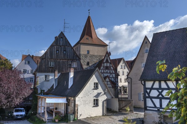 Old town houses with the tower of the Hersbrucker Stadttor, seen from the former city wall, Lauf an