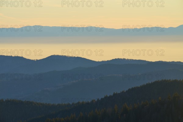 Different altitudes of the mountains in soft morning light, looking towards the Rhine Valley,