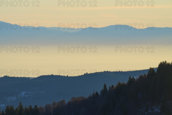 Foggy mountains and calm atmosphere, sunrise, view of the Rhine Valley, Hohneck, La Bresse, Vosges,