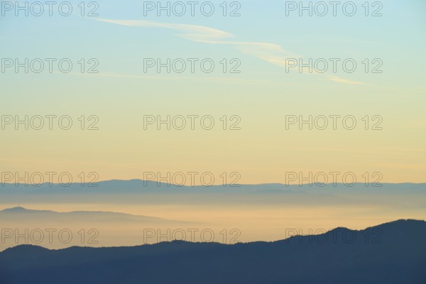 Wide mountain landscape in soft morning light and quiet atmosphere, view of the Rhine Valley,