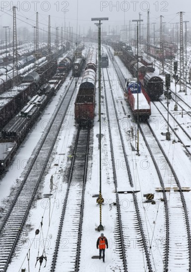 Train formation facility in the Vorhalle district in winter, marshalling yard, freight trains,