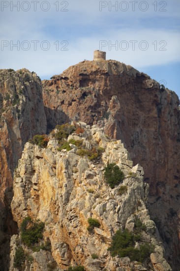 Bizarre rock formations and Genoese tower at Capo Rosso, Genoese Tower, Piana, Corse-du-Sud