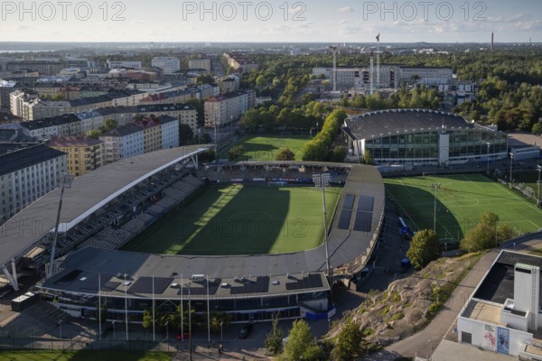 View of soccer stadium and grass fields from the Olympic Stadium tower, Helsinki, Finland