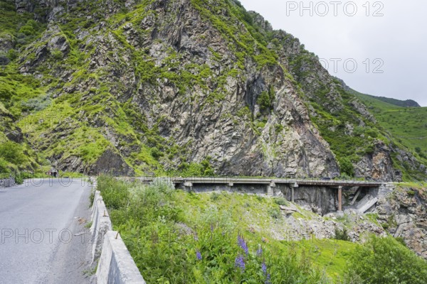 A road runs along steep rock faces, with a bridge and green vegetation, damaged concrete road