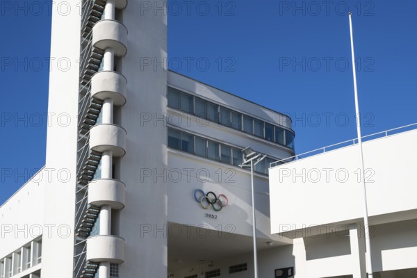 Stairway tower, Olympic rings 1952, Olympic Stadium or Finnish Olympic Stadium, architects Yrjö