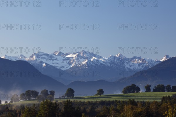 View of the Karwendel Mountains from Penzberg in morning light, Alps, Upper Bavaria, Germany