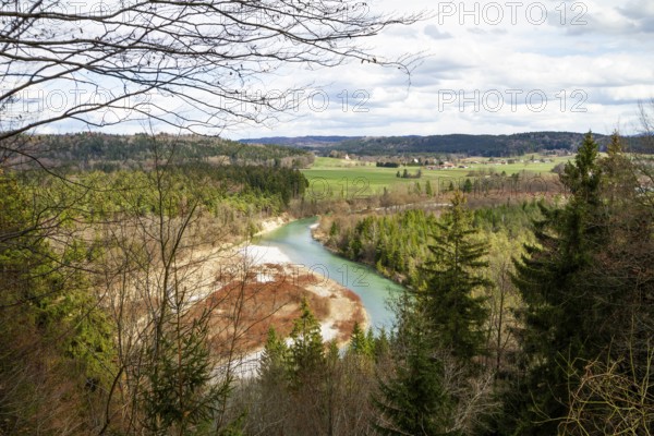 View from Malerwinkel near Königsdorf into the Isar Valley in spring, Isar cycle path, Upper