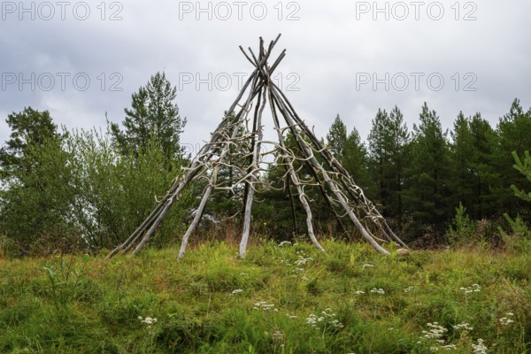 Rustic wooden structure made from birch trunks and reindeer antlers in a natural setting with trees