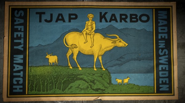 Historic label design, man sitting on water buffalo, Tändsticksmuseet match museum or match museum,
