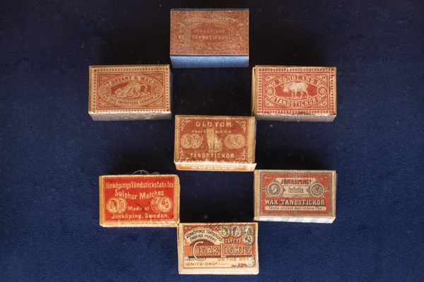 Matchboxes with old label design, Tändsticksmuseet Match Museum or Match Museum, Jönköping,