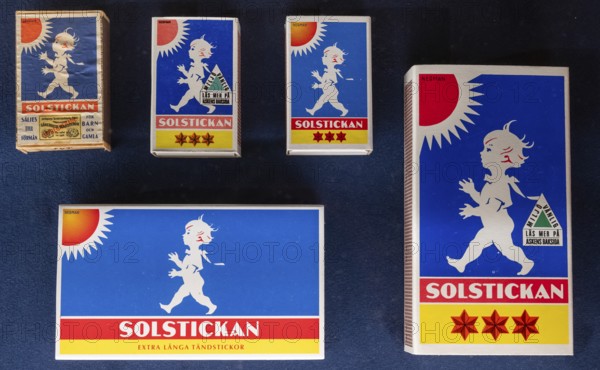 Matchboxes with traditional label motif Stolstickan or Solstickepojken, Sun Boy, designed in 1936