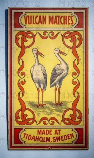 Historic label design, storks, Vulcan Matches Made at Tidaholm, Sweden, Tändsticksmuseet match
