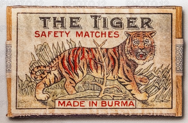 Historic label design, tiger, print Made in Burma, Tändsticksmuseet match museum or match museum,
