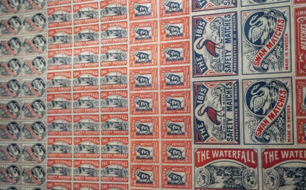 Printing sheet for matchbox labels, Tändsticksmuseet Match Museum or Matchbox Museum, Jönköping,
