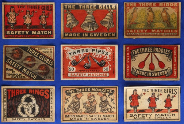 Matchboxes with old label design and different motifs, Made in Sweden, Tändsticksmuseet match