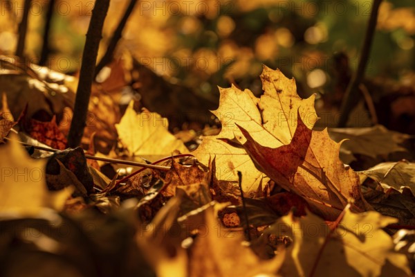 Autumnal yellow-orange leaves of the Norway maple (Acer platanoides) glow in the warm backlight,