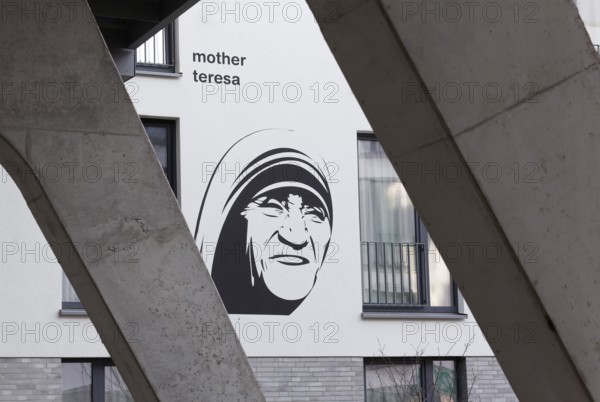 Mother Teresa Agnes Gonxha Bojaxhiu, portrait mural of the Nobel Peace Prize winner at a student