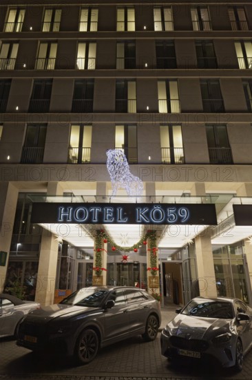 Hotel Kö 59, 5-star luxury hotel, Christmas decoration at the entrance, evening, Düsseldorf, North