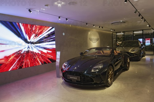 Aston Martin Vantage luxury sports car, exhibited in the Düsseldorf showroom, North