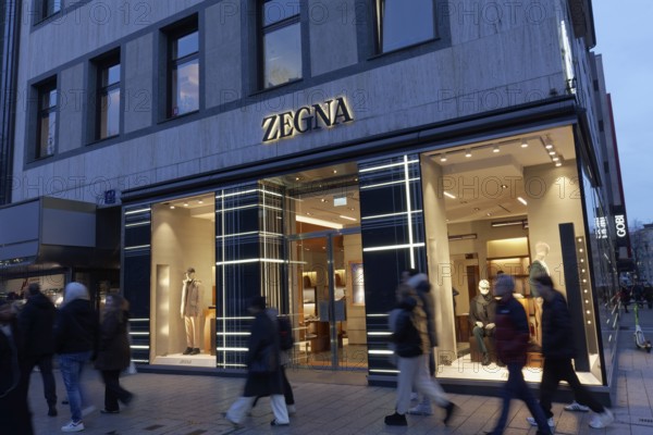Illuminated Zegna store on the Kö, twilight, Italian brand for luxury menswear, Düsseldorf, North
