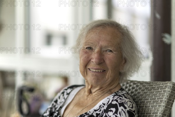 Smiling 86-year-old woman, retirement home, Jettingen, Baden-Württemberg, Germany