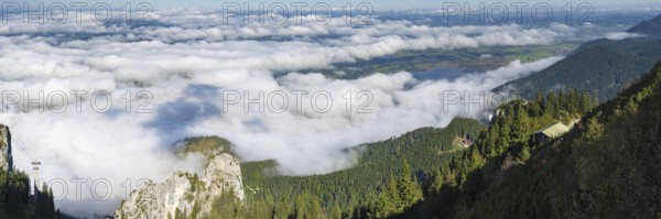 Panorama from Tegelberg, 1881m, of the cloud-covered Forggensee and Bannwaldsee, Ostallgäu,