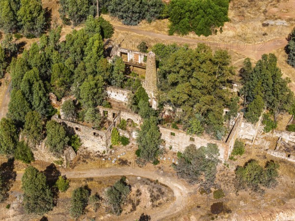 Ruins of former workshop halls, Mina de Sao Domingos, historic copper open-pit mine, aerial view,