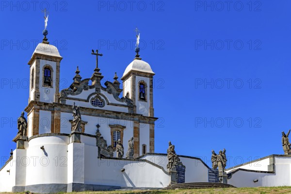 Historic baroque church facade in the Bom Jesus do Matosinhos sanctuary with the twelve prophets by