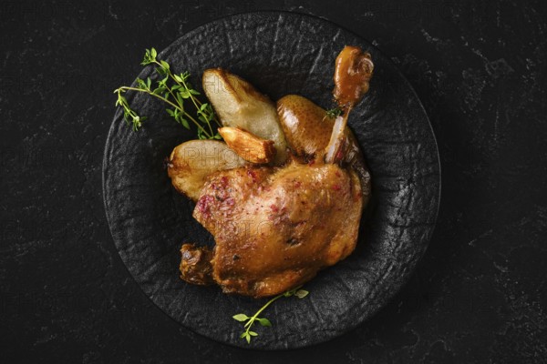 Top view of roasted duck leg on a textured black plate with caramelised in duck fat slices of pear.